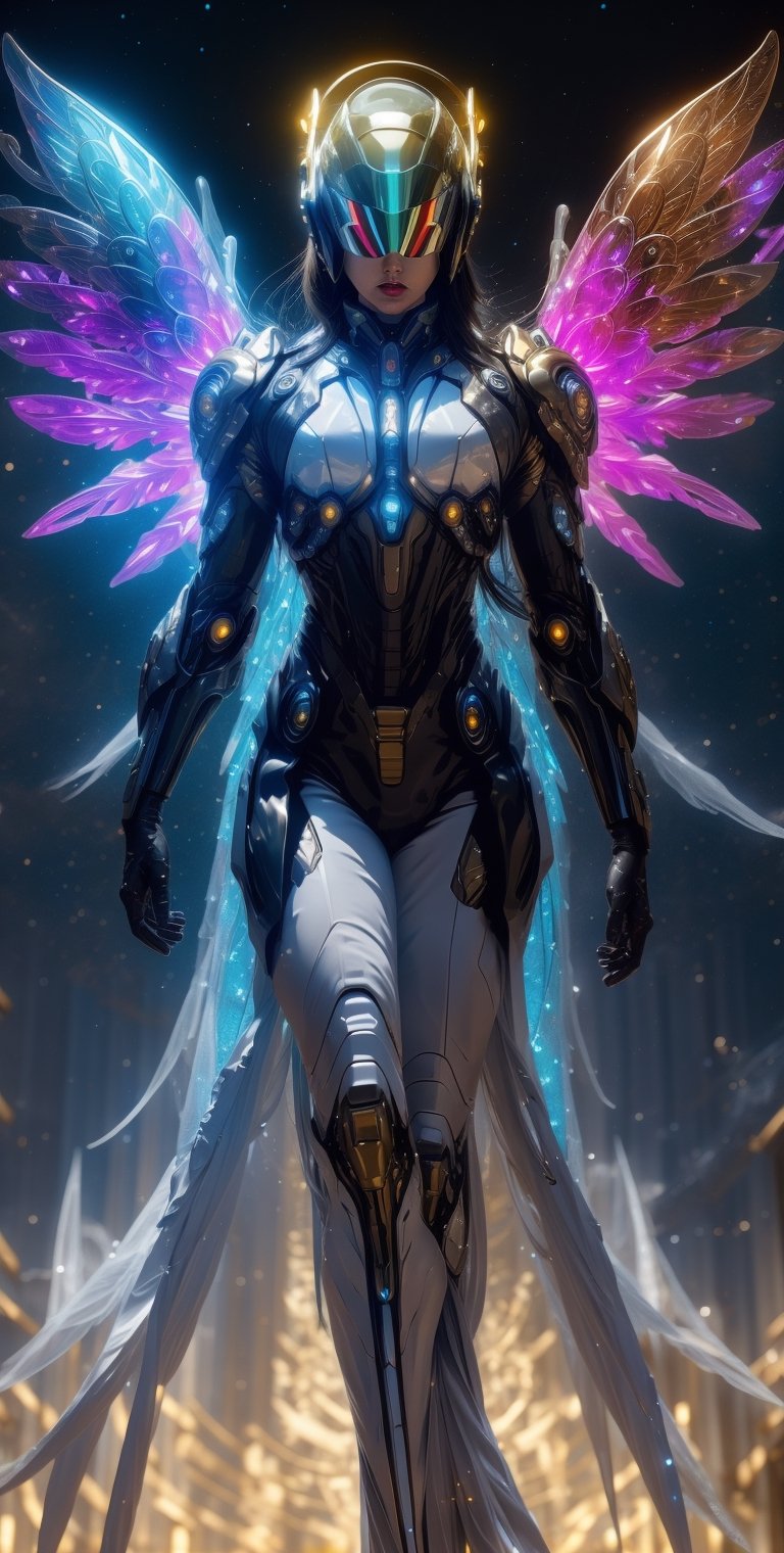 Generate a image of a dystopian cyberpunk Archangel, godlike appearance, Almighty, muscular body, stars radiant clothes, big wings powered by jet booster, holy halo helmet made from transparent glass, veined muscles, starry nebula background, planets, dramatic, cinematic, magical aura, mysterious mist, neon glow concept art, sharp focus, high detail,Detailed face, full body shoot, from below angle, wide camera, picrealism,wrenchsmechs