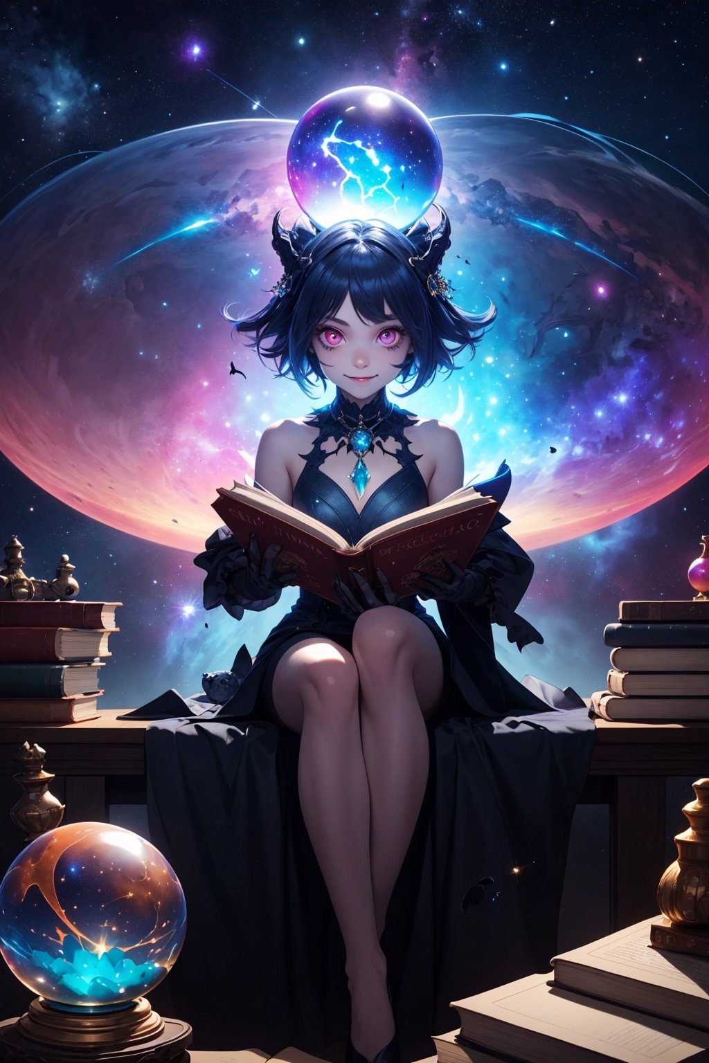 1girl, holding a crystal glass ball that encasing a whole nebula within, study room full of flying book in the background, complex_bg, vibrant color, shining clothes that embracing entire universe, in her shoulder sit a small cute ghoul pet with cherish expression, glowing llight sparkles