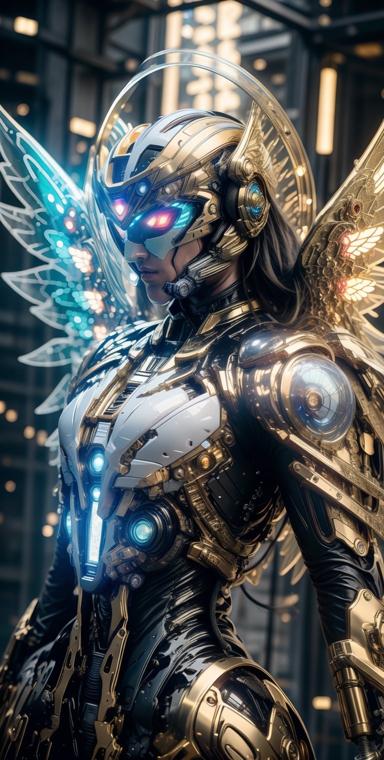 Generate a image of a dystopian cyberpunk Archangel, godlike appearance, muscular body, stars radiant clothes, big wings powered by jet booster, holy halo helmet made from transparent glass, veined muscles, starry nebula background, planets, dramatic, cinematic, magical aura, mysterious mist, neon glow concept art, sharp focus, high detail, Detailed face, full body shoot, from below angle, wide camera, picrealism,wrenchsmechs,mechanical