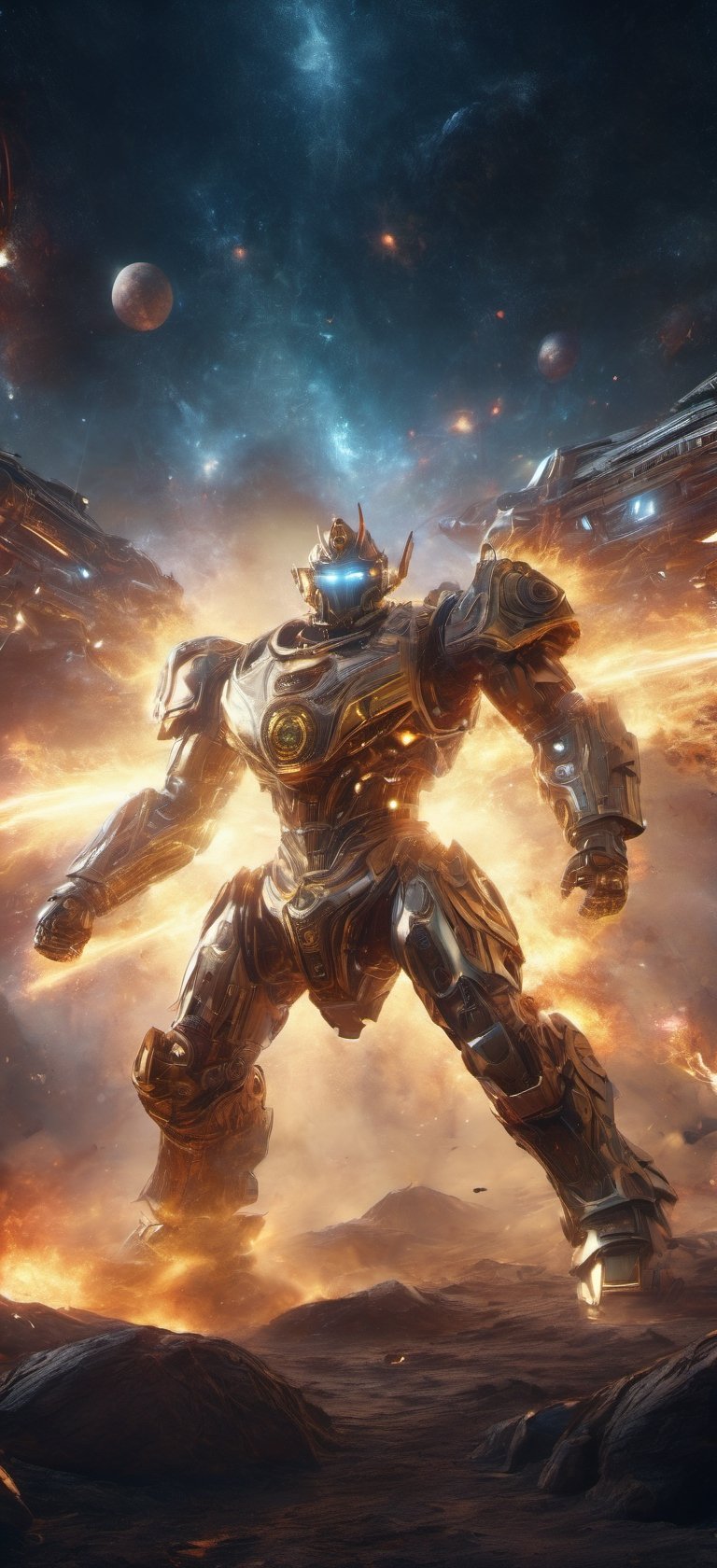 (High quality, masterpiece:1.2, 16K), (HDR:1.4)(ultrarealistic:1.5), Giant robot wars,Renaissance Sci-Fi Fantasy,High Renaissance, dust, explosion, laser beam, dramatic, cinematic lighting composition, lens flare, epic, majestic aura surroundings, (highly_detailed:1.8), extremely detailed textures, 