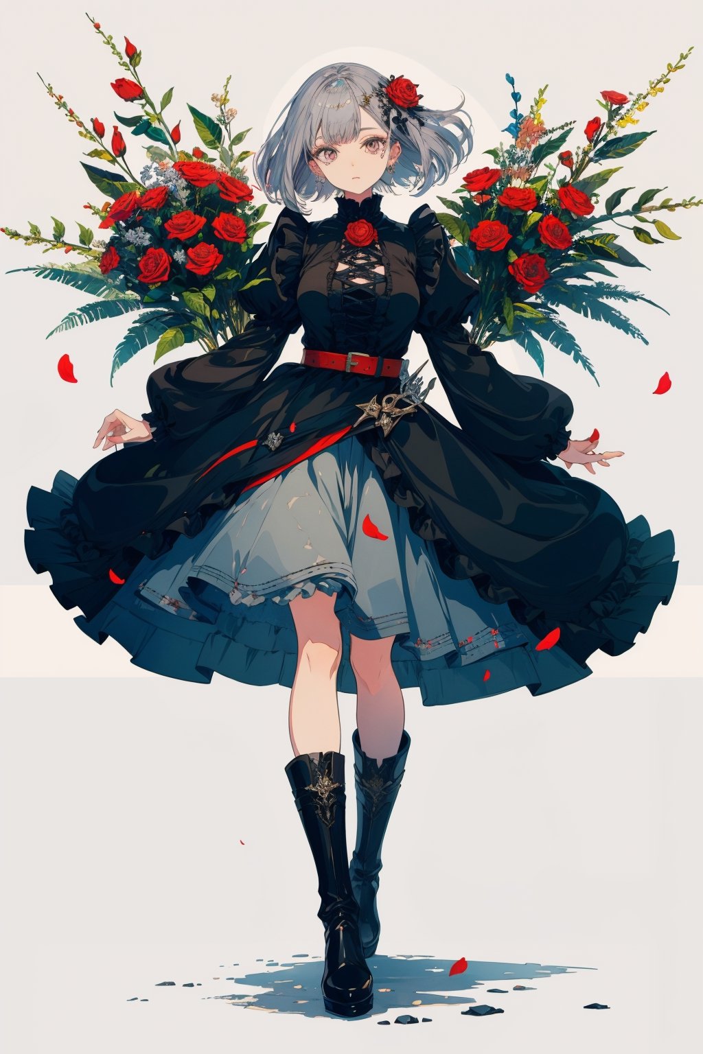 1girl, solo, looking at viewer, bangs, simple background, hair ornament, long sleeves, white background, dress, holding, closed mouth, standing, full body, flower, grey hair, boots, frills, puffy sleeves, belt, black footwear, black dress, grey eyes, petals, rose, frilled dress, red flower, red rose, bouquet, joints, grey dress, mechanical arms