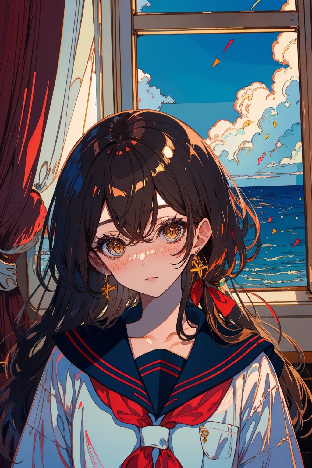 1girl, solo, long hair, looking at viewer, blush, bangs, brown hair, shirt, black hair, bow, ribbon, brown eyes, closed mouth, school uniform, white shirt, upper body, serafuku, indoors, sailor collar, black eyes, lips, neckerchief, window, blue sailor collar, red neckerchief,portrait