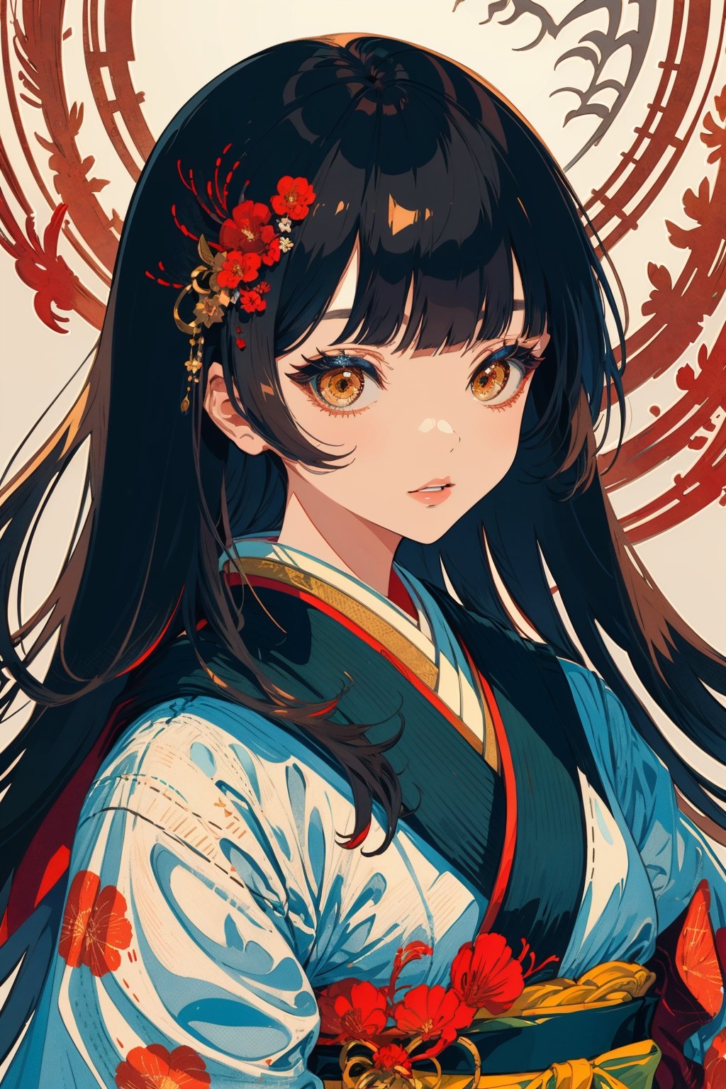 1girl, solo, long hair, looking at viewer, bangs, black hair, holding, brown eyes, upper body, flower, parted lips, japanese clothes, blunt bangs, kimono, lips, eyelashes, red flower, portrait, holding flower, spider lily