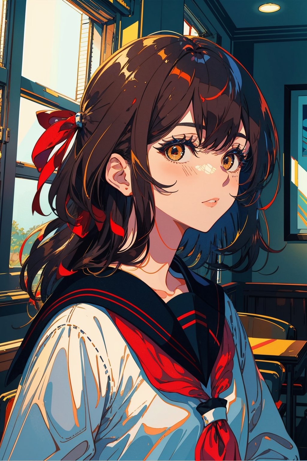 1girl, solo, long hair, looking at viewer, blush, bangs, brown hair, shirt, black hair, bow, ribbon, brown eyes, closed mouth, school uniform, white shirt, upper body, serafuku, indoors, sailor collar, black eyes, lips, neckerchief, window, blue sailor collar, red neckerchief,portrait