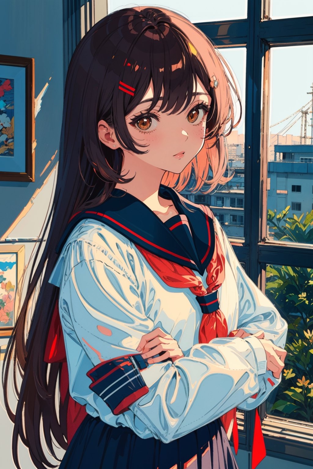 1girl, solo, long hair, looking at viewer, blush, bangs, brown hair, shirt, black hair, bow, ribbon, brown eyes, closed mouth, school uniform, white shirt, upper body, serafuku, indoors, sailor collar, black eyes, lips, neckerchief, window, blue sailor collar, red neckerchief