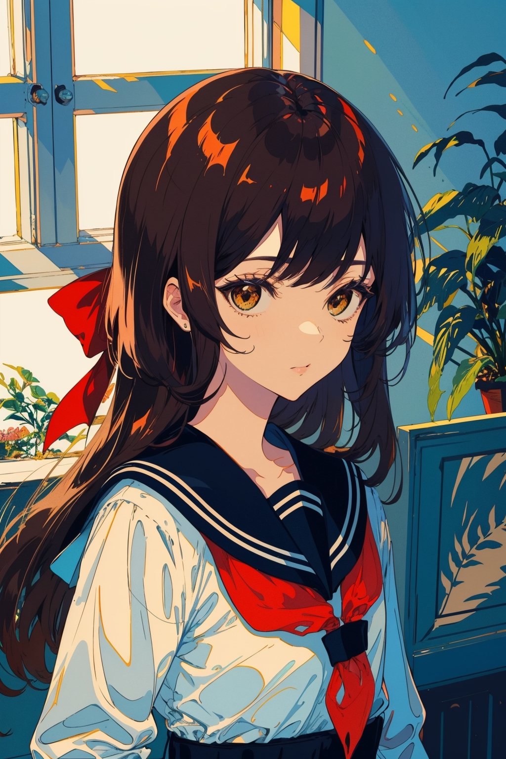 1girl, solo, long hair, looking at viewer, blush, bangs, brown hair, shirt, black hair, bow, ribbon, brown eyes, closed mouth, school uniform, white shirt, upper body, serafuku, indoors, sailor collar, black eyes, lips, neckerchief, window, blue sailor collar, red neckerchief,portrait,illustration,fcloseup,MALE