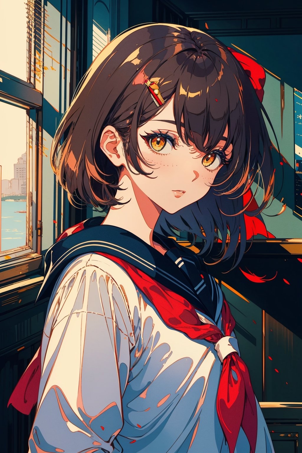 1girl, solo, long hair, looking at viewer, blush, bangs, brown hair, shirt, black hair, bow, ribbon, brown eyes, closed mouth, school uniform, white shirt, upper body, serafuku, indoors, sailor collar, black eyes, lips, neckerchief, window, blue sailor collar, red neckerchief,portrait