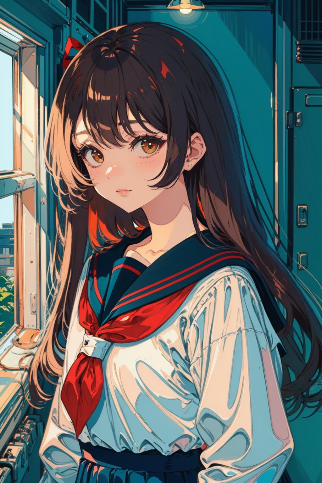 1girl, solo, long hair, looking at viewer, blush, bangs, brown hair, shirt, black hair, bow, ribbon, brown eyes, closed mouth, school uniform, white shirt, upper body, serafuku, indoors, sailor collar, black eyes, lips, neckerchief, window, blue sailor collar, red neckerchief