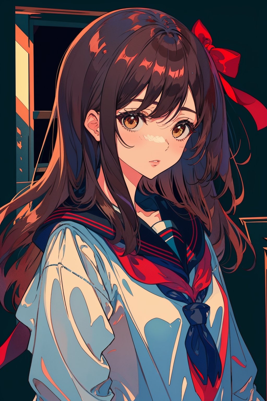 1girl, solo, long hair, looking at viewer, blush, bangs, brown hair, shirt, black hair, bow, ribbon, brown eyes, closed mouth, school uniform, white shirt, upper body, serafuku, indoors, sailor collar, black eyes, lips, neckerchief, window, blue sailor collar, red neckerchief,portrait