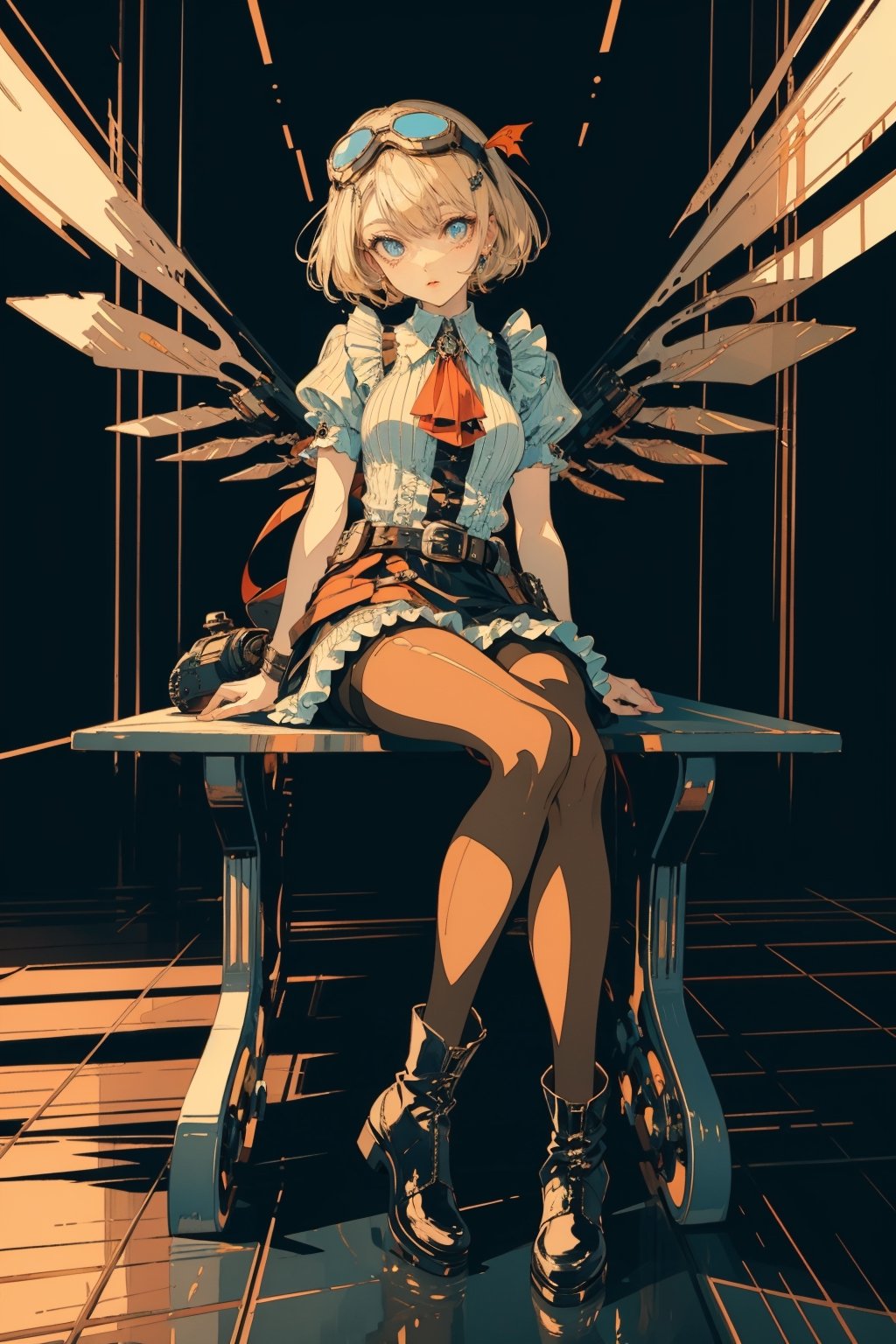 1girl, solo, looking at viewer, short hair, blue eyes, skirt, blonde hair, shirt, thighhighs, dress, ribbon, sitting, full body, short sleeves, pantyhose, boots, frills, wings, striped, black footwear, goggles, striped thighhighs, between legs, goggles on head, lolita fashion, v arms, hand between legs, gothic lolita, ankle boots, gears, mechanical wings, striped pantyhose, steampunk, belt boots