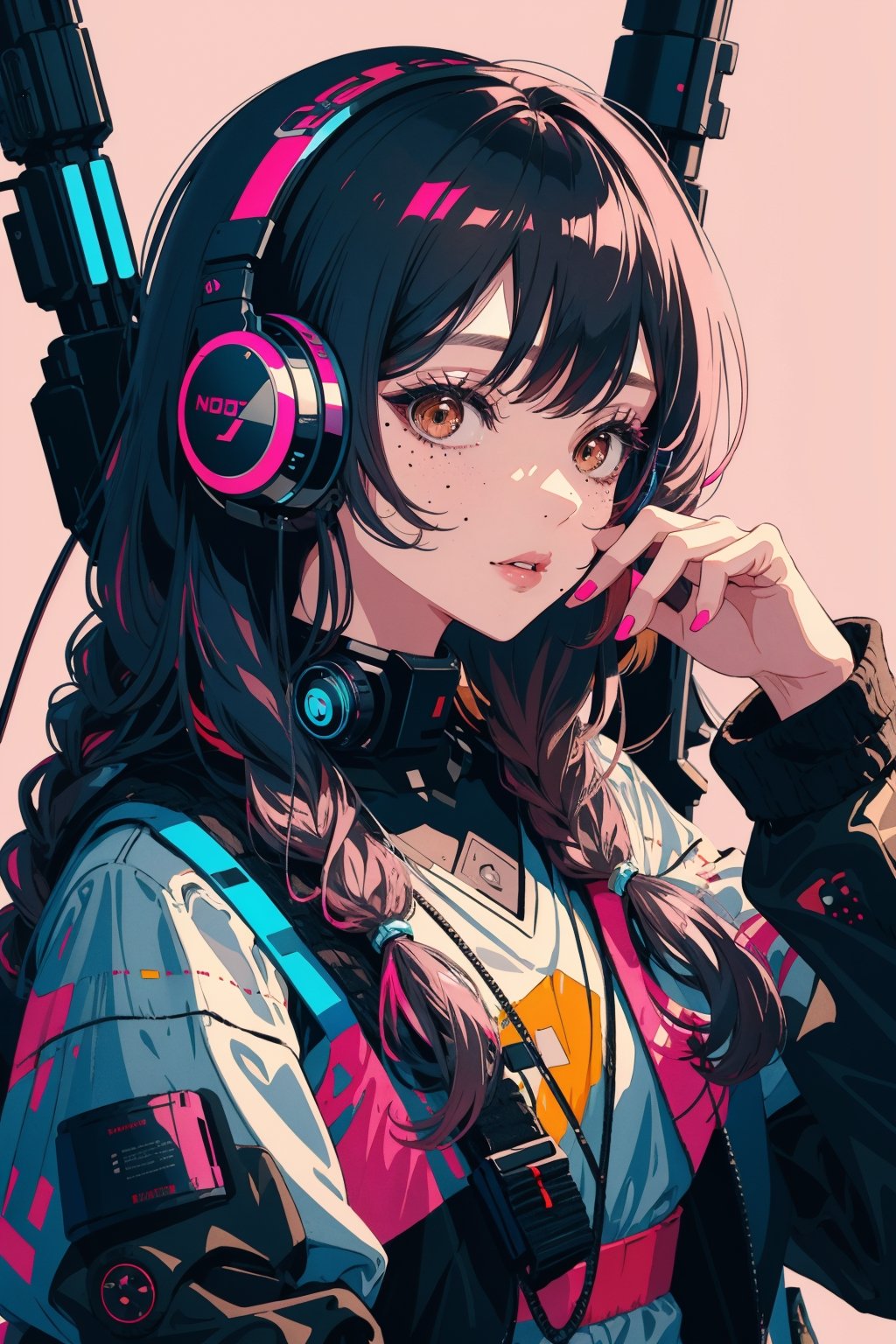 1girl, solo, long hair, looking at viewer, black pink hair, brown eyes, braid, parted lips, mole, twin braids, lips, headphones, pink background, portrait, science fiction, cable, cyberpunk