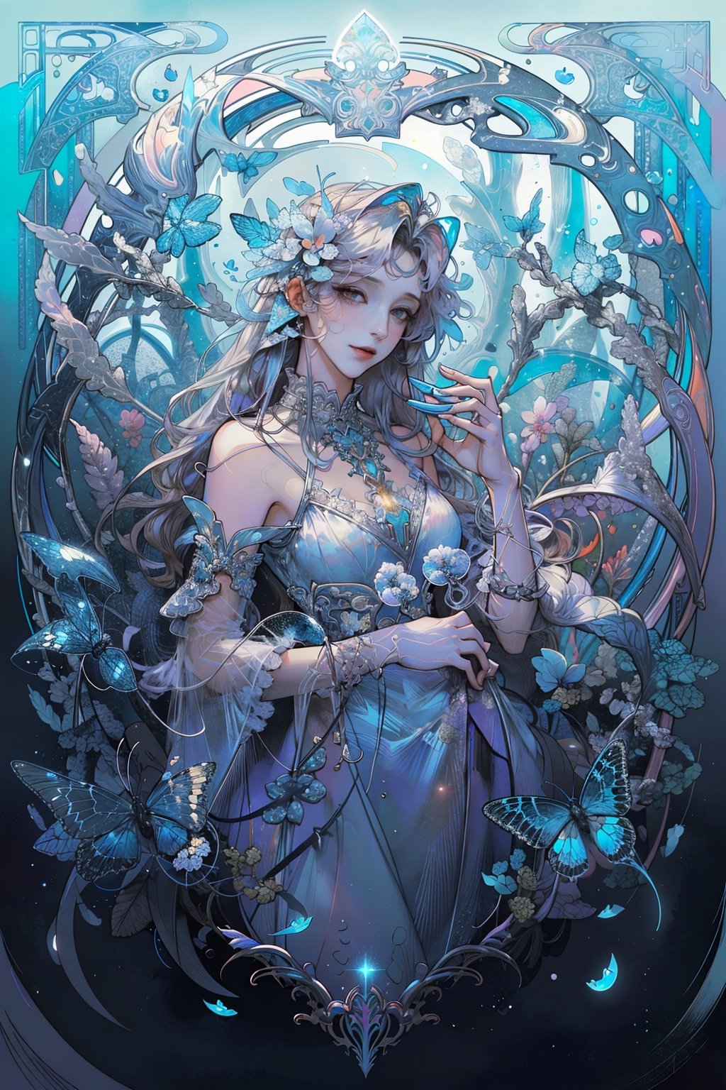 8k, (absurdres, highres, ultra detailed),1LADY. light blue butterfly (transparent, luminous), different world letters, pastel colors, fantasy world, Art Nouveau, Alphonse Mucha