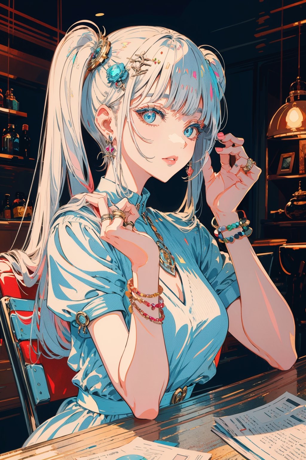 1girl, solo, long hair, breasts, looking at viewer, bangs, blue eyes, hair ornament, dress, twintails, jewelry, sitting, white hair, short sleeves, earrings, parted lips, hand up, blunt bangs, black dress, bracelet, lips, ring