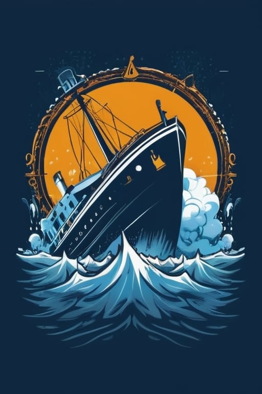 t-shirt design: of a (ship sinking), (ice), rain, storm, on (isolate solid background)