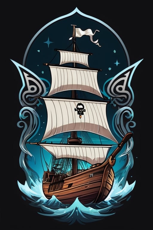 T-Shirt design: a realistic cartoonish digital art of a barco pirata, hielo, tormenta, naufragio, dark color palette, (Petros Afshar style:1.5), (6 flat colors t shirt design), detailed illustration, 2d vector, (isolate plain white background), (Vectorial perfection:1.4), 4K, no t-shirt mockup