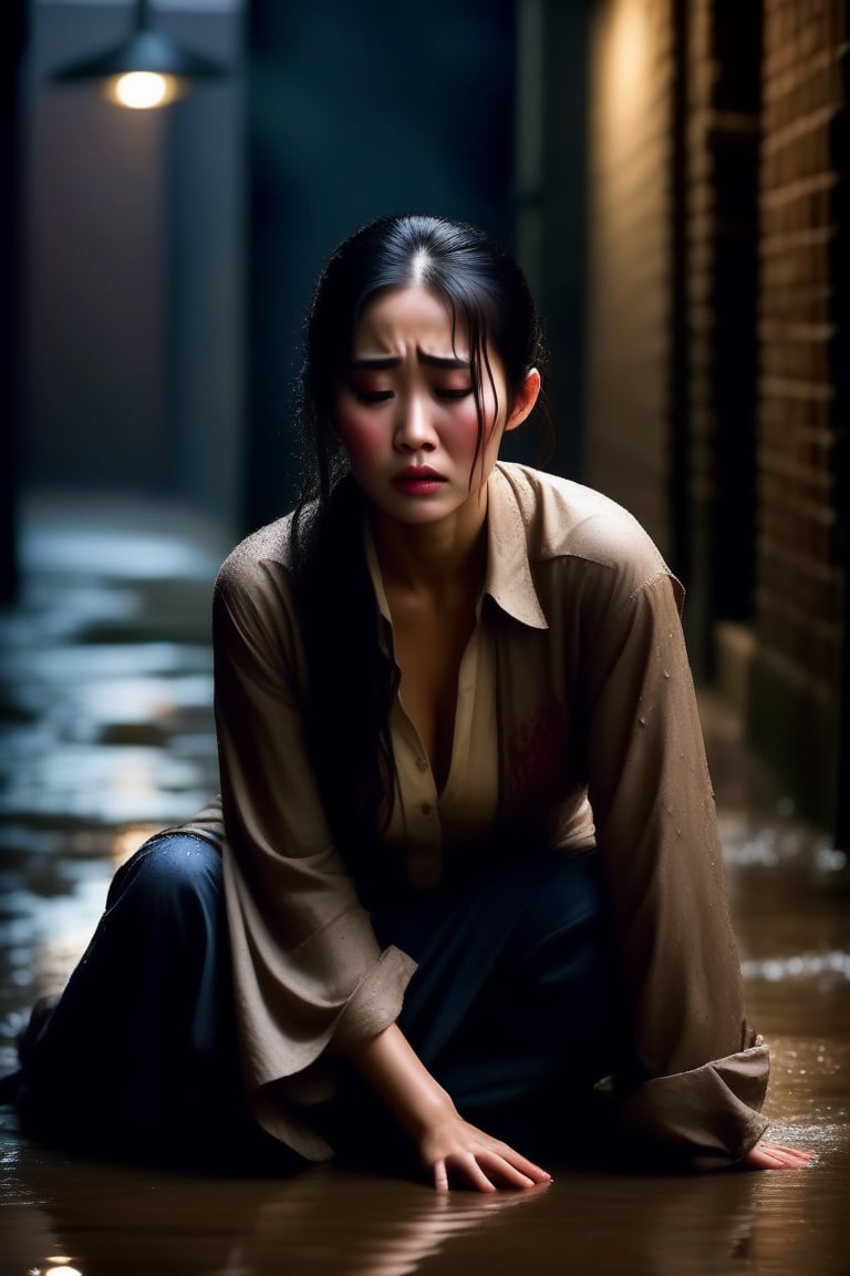 A moody alleyway setting, with a lone cowboy shot of a beautiful Asian woman, 30 years old, torn oversized shirt and pants hanging loose, as she sits forlornly on the damp ground, tears streaming down her face (crying:1.3). Rain pours down, soaking her wet hair, casting an eerie glow through minimal light that barely illuminates the desolate scene, dark shadows playing across her heartbroken expression. Photorealism:1.4, natural face:1.4, beautiful face 