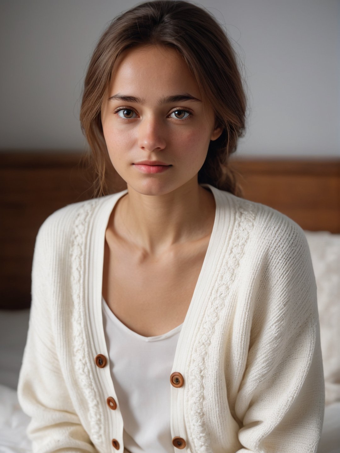 best quality, ultra detailed, 8k, solo female, (slavic-african), wearing white based cardigan with ethnic and traditional theme, sitting on bed, bedroom, (tanned skin), upper body, standing, closeup, modest, plain, simple beauty, closed mouth, moody light, shy smile, detailed face, detailed eyes, chubby