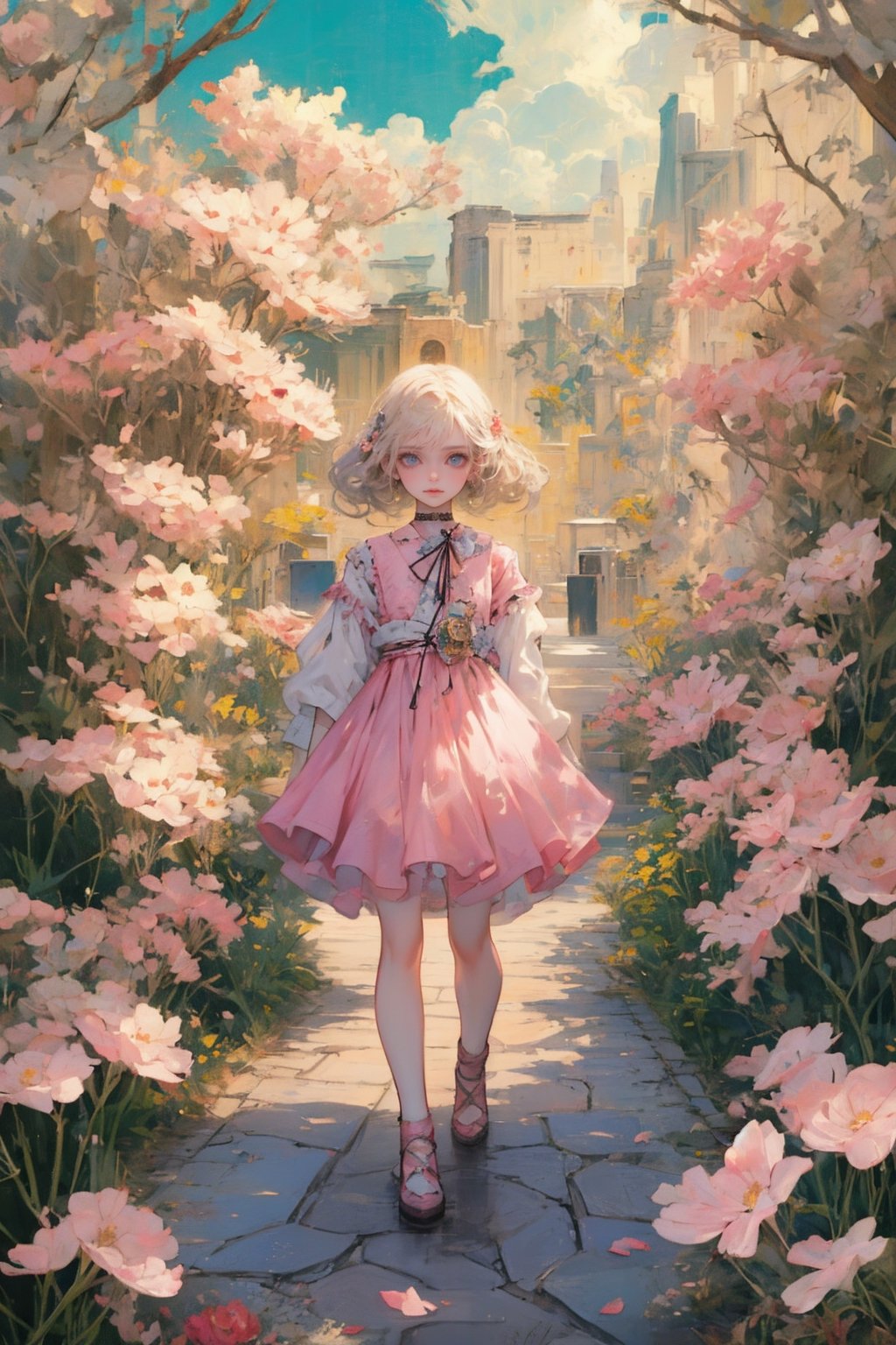 a noble little girl wearing a pink dress and a daisy tiptoes towards a boy with curly hair, reaching out a delicate rose in a thornless stem, standing on cobblestone pavement, under a cloudless sky, with a row of blooming cherry blossom trees in the background, captured with a Canon EOS 5D Mark IV camera, 50mm lens, medium shot focusing on the girl’s tender gesture, in a style reminiscent of a romantic oil painting by Thomas Kinkade. ,midjourney,Anitoon2,Circle