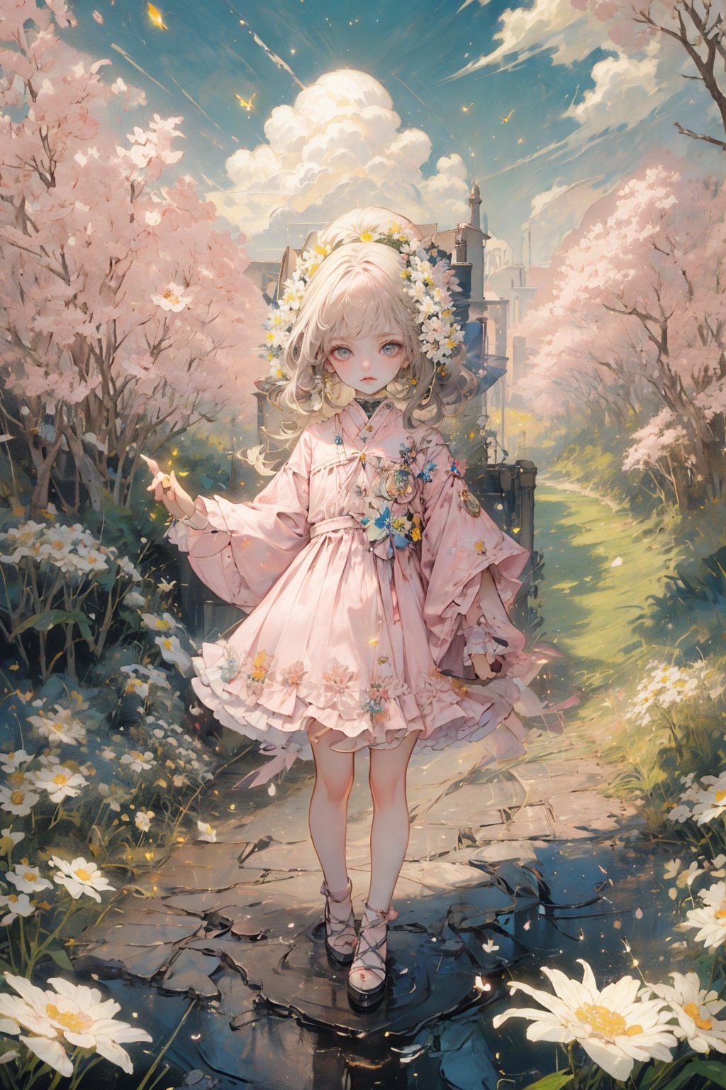 a noble little girl wearing a pink dress and a daisy tiptoes towards a boy with curly hair, reaching out a delicate rose in a thornless stem, standing on cobblestone pavement, under a cloudless sky, with a row of blooming cherry blossom trees in the background, captured with a Canon EOS 5D Mark IV camera, 50mm lens, medium shot focusing on the girl’s tender gesture, in a style reminiscent of a romantic oil painting by Thomas Kinkade. ,midjourney,Anitoon2,Circle,firefliesfireflies