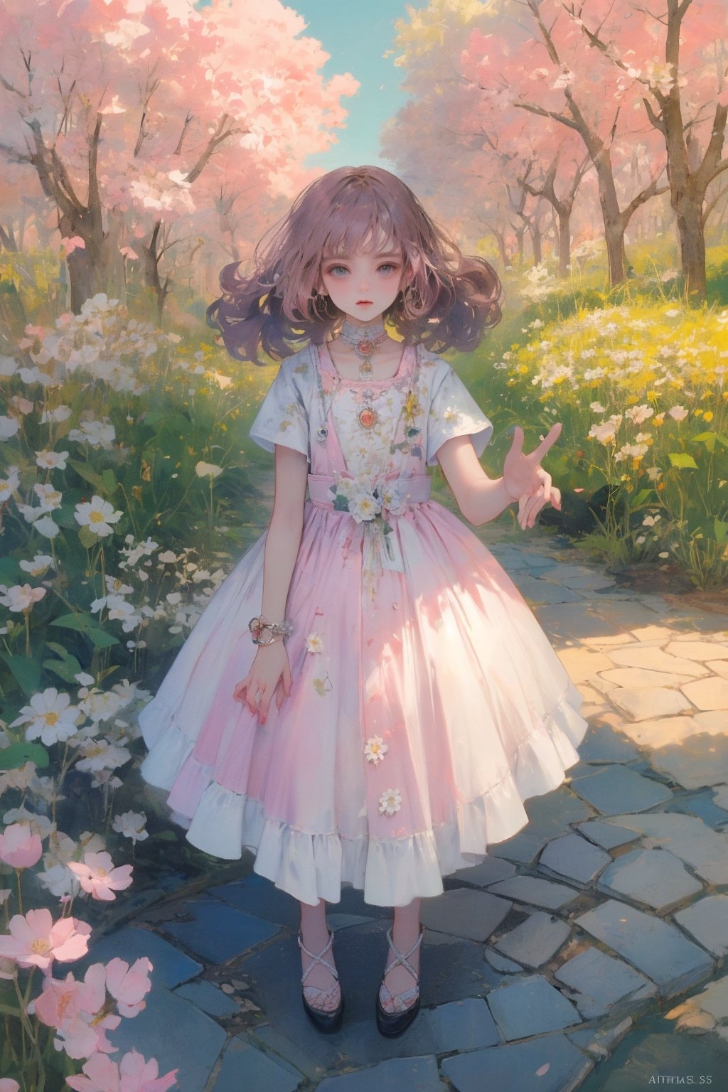 a noble little girl wearing a pink dress and a daisy tiptoes towards a boy with curly hair, reaching out a delicate rose in a thornless stem, standing on cobblestone pavement, under a cloudless sky, with a row of blooming cherry blossom trees in the background, captured with a Canon EOS 5D Mark IV camera, 50mm lens, medium shot focusing on the girl’s tender gesture, in a style reminiscent of a romantic oil painting by Thomas Kinkade. ,midjourney,Anitoon2