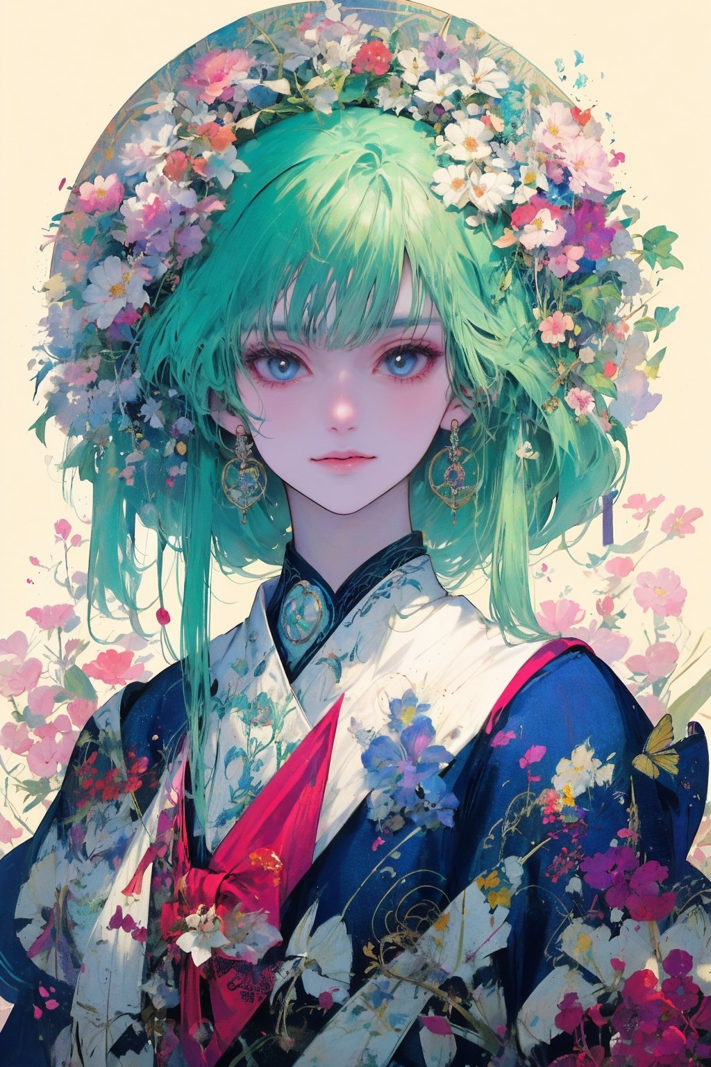 8k, (absurdres, highres, ultra detailed), (1lady),there is a innocent smile girl with butterflies on her head and a butterfly in her hair, stunning anime face portrait, beautiful anime portrait, detailed anime soft face, beautiful anime art style, beautiful anime style, anime nature, cgsociety 9, pinterest anime, digital anime art, anime fantasy artwork, flowers and butterflies, realistic anime art style, realistic anime artstyle, starry_hair, cute, Circle, shiny_skin, shiny_hair, ,High detailed ,Circle,blurry_light_background