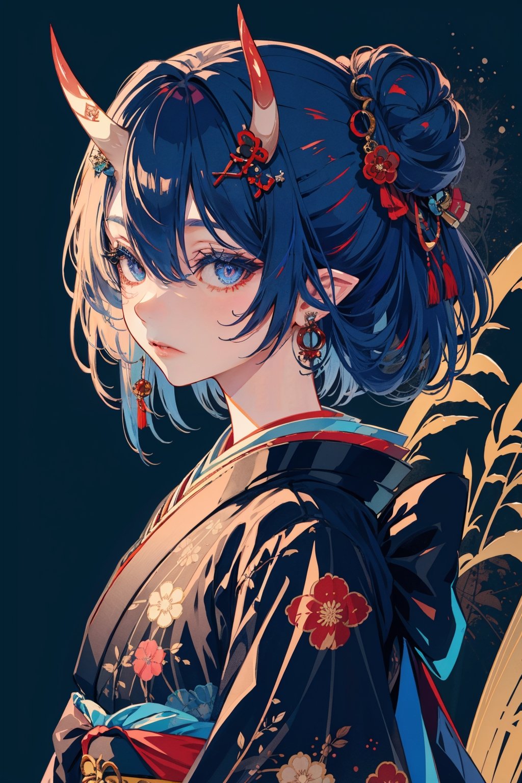 1girl, solo, looking at viewer, bangs, blue eyes, black hair, bow, jewelry, closed mouth, blue hair, upper body, hair bow, earrings, japanese clothes, horns, pointy ears, kimono, hair bun, hair over one eye, from side, black bow, tattoo, blue background, oni horns, oni, black kimono