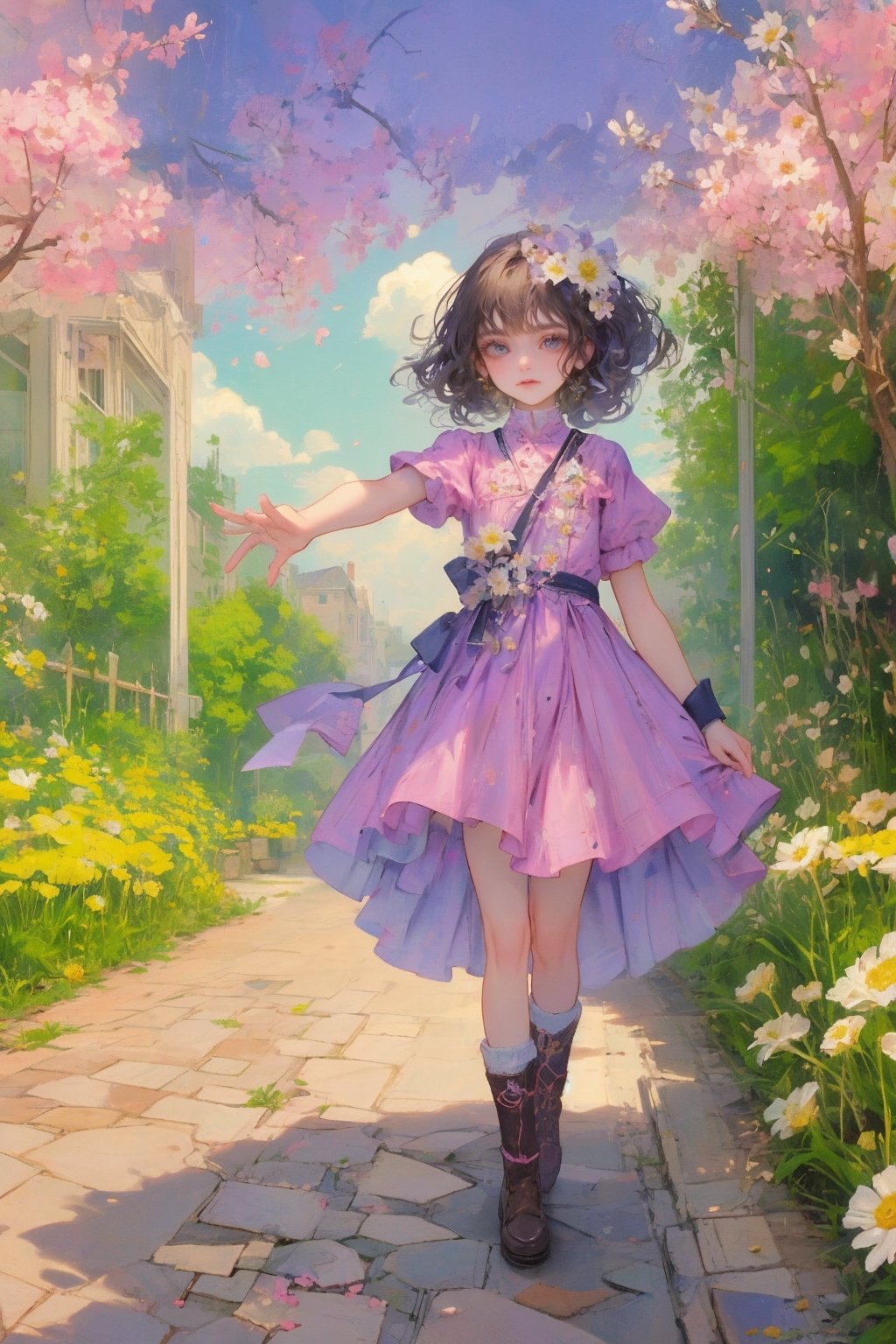 a noble little girl wearing a pink dress and a daisy tiptoes towards a boy with curly hair, reaching out a delicate rose in a thornless stem, standing on cobblestone pavement, under a cloudless sky, with a row of blooming cherry blossom trees in the background, captured with a Canon EOS 5D Mark IV camera, 50mm lens, medium shot focusing on the girl’s tender gesture, in a style reminiscent of a romantic oil painting by Thomas Kinkade. ,midjourney,Anitoon2