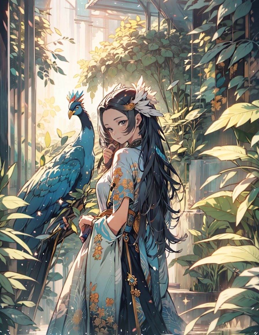 a close up of a woman with red hair and a feather clown, anime fantasy artwork, anime fantasy illustration, fantasy gorgeous lighting, beautiful fantasy portrait, side portrait of elven royalty, wlop painting style, beautiful fantasy art portrait, colored manga art, realistic anime style at pixiv, crystalline translucent hair, onmyoji detailed art, with peacock, cute looking at me,Niji Slime,huayu