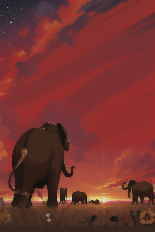 Solid outline golden elephants, in a field, a galaxy in the background, sunset, golden hour,pixel art