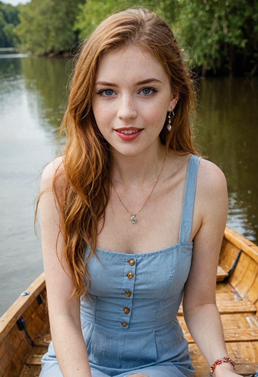 long ginger messy straight hair ,blue eyes, 20 yo, cute,red full lips, detailed eyes, detailed skin, necklace,  earrings, bracelet, rings on fingers, sitting,elegant skirt,  legs crossed, full body, (long legs), in a row boat on the lake,playful pose, having fun, (laugh 4.0) ,shy,windy,high quality photographyac_neg1, OverallDetail
,perfecteyes