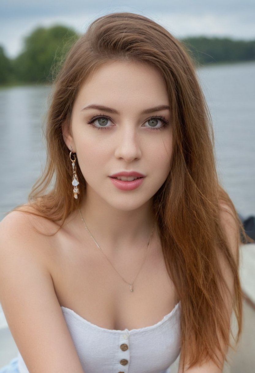 long ginger messy straight hair ,blue eyes, 20 yo, cute,red full lips, detailed eyes, detailed skin, necklace,  earrings, bracelet, rings on fingers, sitting,elegant skirt,  legs crossed, full body, (long legs), in a row boat on the lake,playful pose, having fun, (laugh 4.0) ,shy,windy,high quality photographyac_neg1, OverallDetail
,perfecteyes