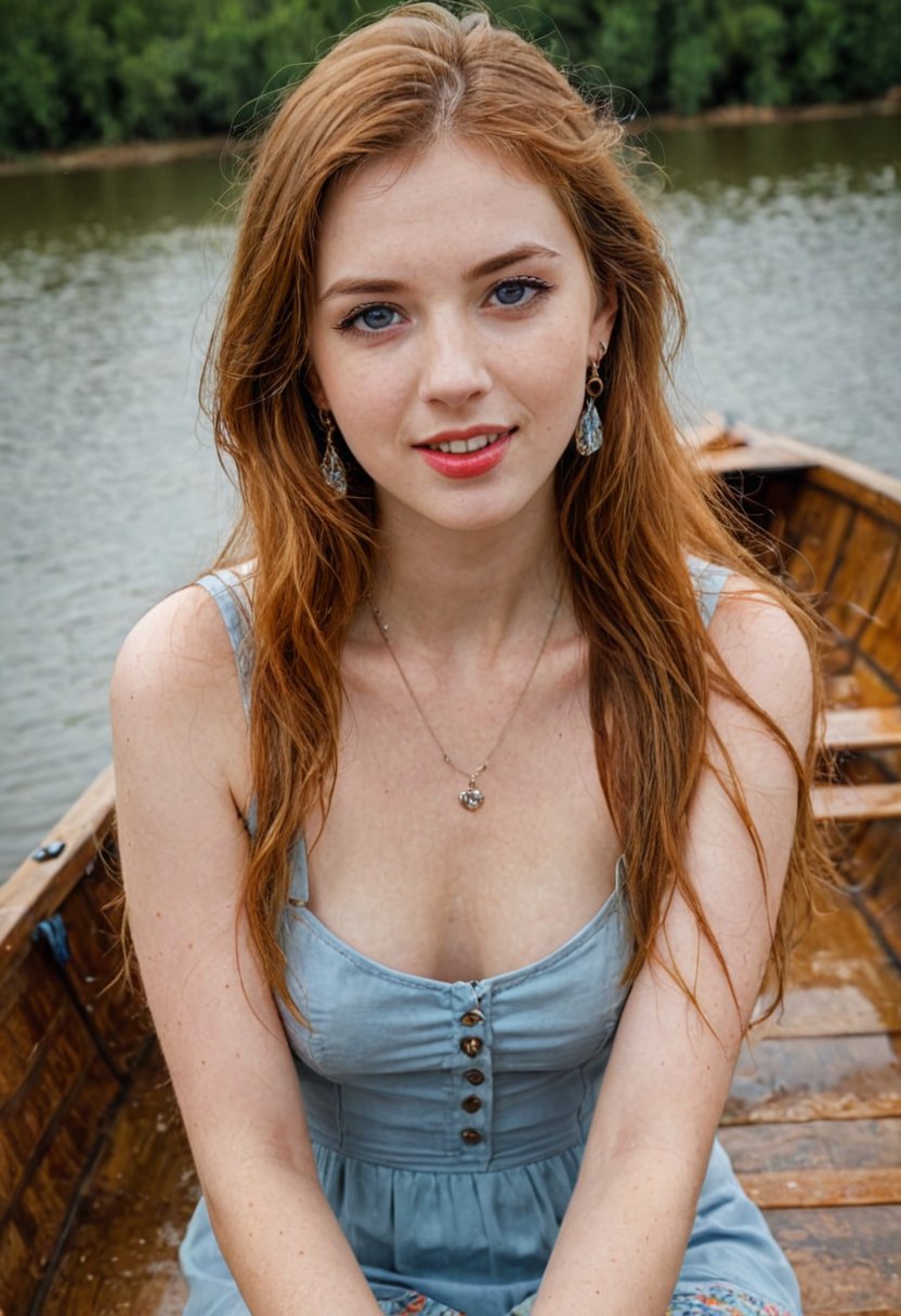 long ginger messy straight hair ,blue eyes, 20 yo, cute,red full lips, detailed eyes, detailed skin, necklace,  earrings, bracelet, rings on fingers, sitting,elegant skirt,  legs crossed, full body, (long legs), in a row boat on the lake,playful pose, having fun, (laugh 4.0) ,shy,windy,high quality photographyac_neg1, OverallDetail
,perfecteyes