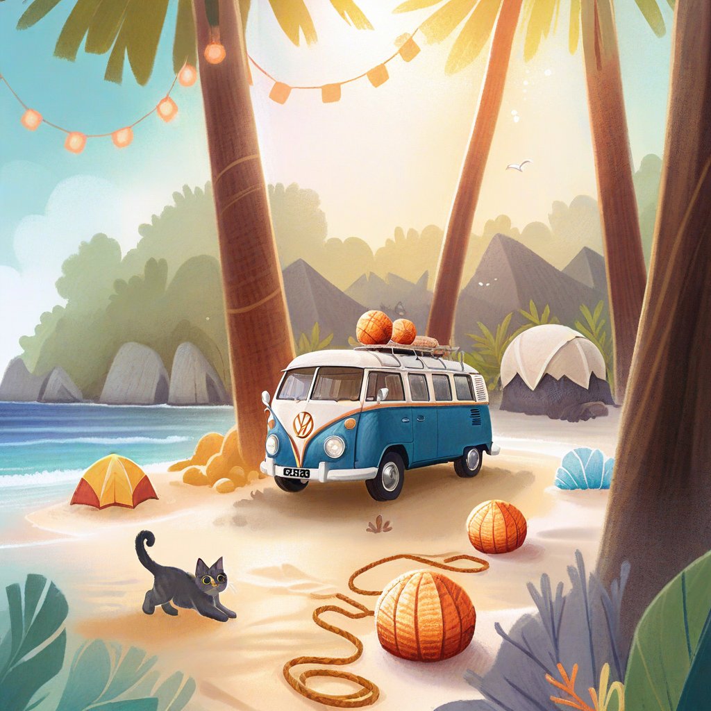 ((ultra realistic photo))  a cute little British shorthaired Kitty playing with a little ball of yarn ON A PLAID, IN FRONT OF THE CLASSIC VW CAMPER VAN, LOVELY WELL-ARRANGED CAMPING ENVIROMENT (art, DETAILED textures, pure perfection, hIgh definition), detailed beach around , tiny delicate sea-shell, little delicate starfish, sea ,(very detailed TROPICAL hawaiian BAY BACKGROUND, SEA SHORE, PALM TREES, DETAILED LANDSCAPE, COLORFUL) (GOLDEN HOUR LIGHTING), delicate coral, sand piles,LegendDarkFantasy
