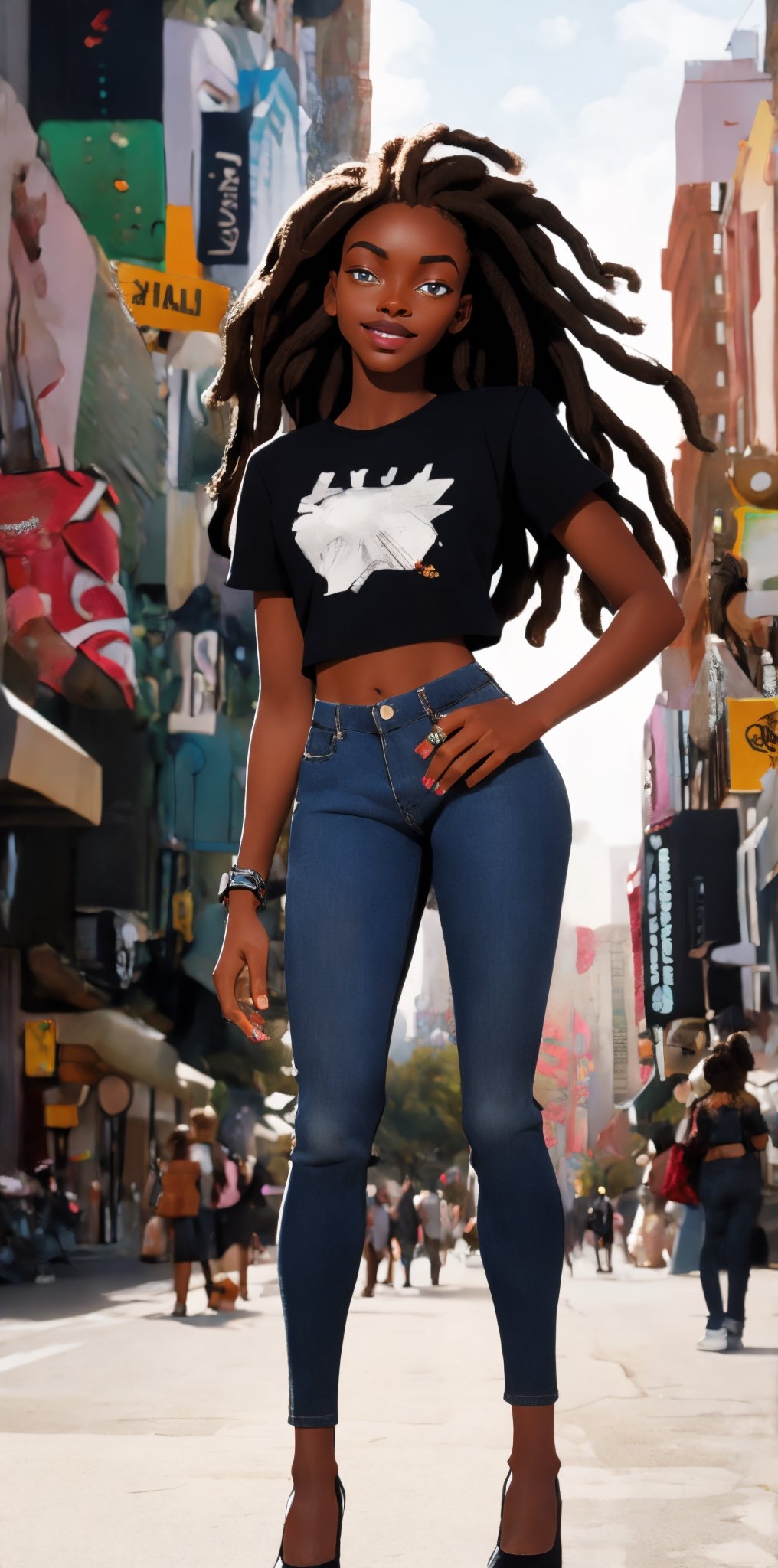 (photorealistic):1.4,break,
head and full body shot of a very confident urban modern stunning beautiful very african woman, best quality, 8k, 8k UHD, ultra realistic, ultra detailed, very long dreadlocks hair, healthy, rich, hyperdetailed photography, real photo, realistic eyes, solo female, beautiful, (stunning african woman with dark skin):1.3, exceptional anatomy, detailed hair, punk t-shirt, jeans and high-heels, outdoors, busy new york street:1.3, detailed face, playful, 25 years old, smile, natural beauty, upper body, confident, womanup, brave, proud, dynamic pose, dynamic angle, very trendy woman clothes, very colored perfect nailpolish on very longfingernails, african fashion,Epicrealism,Realistic