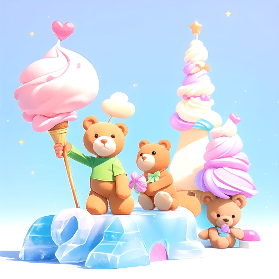 3d, cute teddy bears buying ice cream, fantasy land, characters focus