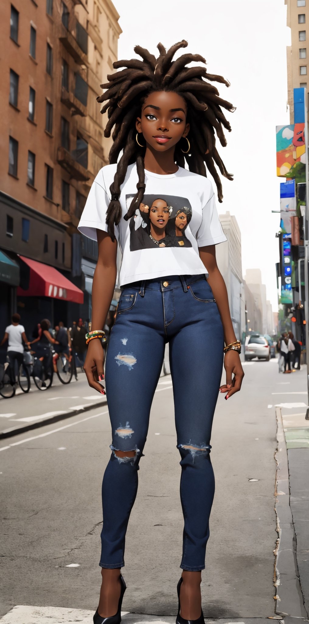 (photorealistic):1.4,break,
head and full body shot of a very confident urban modern stunning beautiful very african woman, best quality, 8k, 8k UHD, ultra realistic, ultra detailed, very long dreadlocks hair, healthy, rich, hyperdetailed photography, real photo, realistic eyes, solo female, beautiful, (stunning african woman with dark skin):1.3, exceptional anatomy, detailed hair, punk t-shirt, jeans and high-heels, outdoors, busy new york street:1.3, detailed face, playful, 25 years old, smile, natural beauty, upper body, confident, womanup, brave, proud, dynamic pose, dynamic angle, very trendy woman clothes, very colored perfect nailpolish on very longfingernails, african fashion,Epicrealism,Realistic