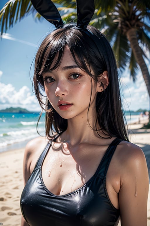 1girl, solo, beach, ultra realistic, palm_tree, bunny mascot, bunny teeth, realistic wet skin face,perfecteyes, ultra details,