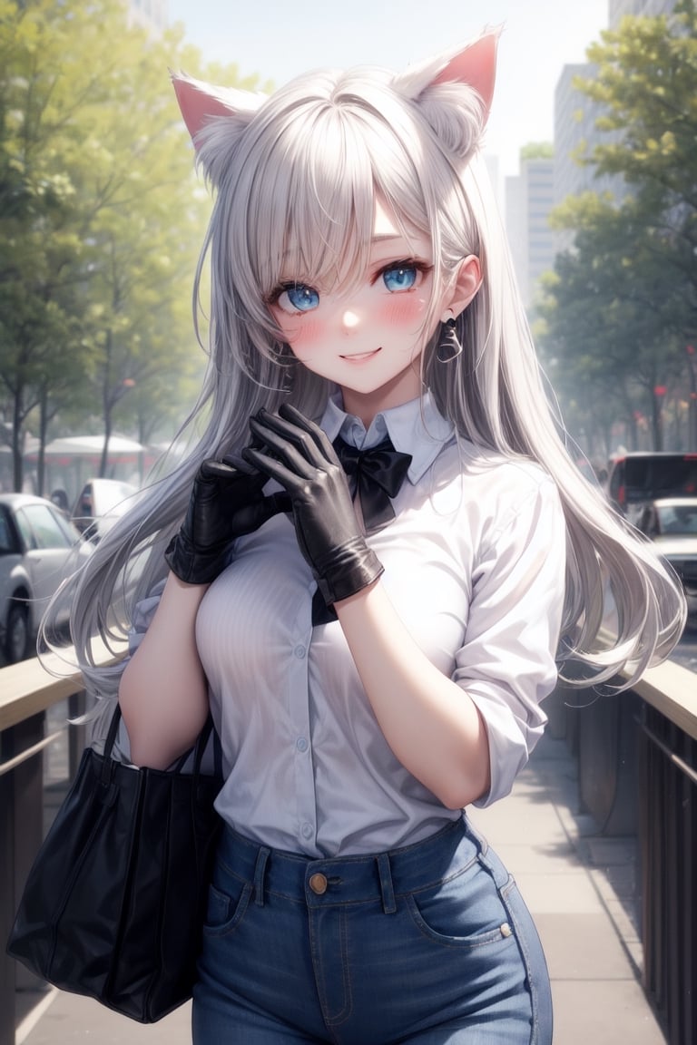 Hair perfect,white shirt button,perfect,perfect,jeans blue,breats medium  perfect,hair perfect, eyes light perfect,accesories ears cat,black,,((park forest city perfect)) face smile blushing sexy eyes light perfect body pefect hands perfect, lookin at viewer hands-gloves black perfect, kitty Girl