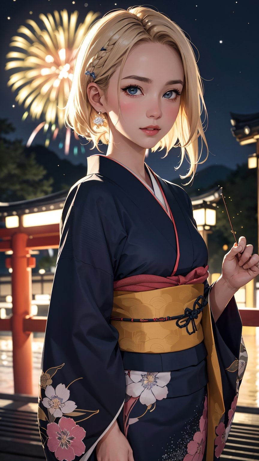 (best quality, masterpiece, colorful, dynamic angle, highest detailed) Realistic photo, fashion photography of a cute European girl with iridiscent blonde hair, flirting with POV, in traditional japanese gold&black kimono, ultra detailed kimono textures, perfect night, kyoto, fireworks, (intricate details, hyperdetailed:1.15), detailed, moonlight passing through hair, (official art, extreme detailed, highest detailed), HDR+
