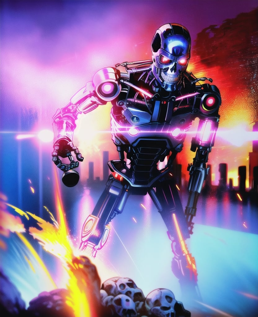 (lora:T800Endoskeleton-10:0.8), (RAW photo, real life, absurdres, high quality, photorealistic, detailed, realistic:1.3), (solo:1.3), ((dynamic pose)), a high resolution comic book art photo of a T800Endoskeleton robot with red eyes and metal skull face and chrome metal body and holding a futuristic gun shooting lasers, standing on a hill of skulls, dark sky and fire and flames and smoke and explosions and robots and post apocalypse war in the background, cinematic, atmospheric, 8k, realistic lighting, shot by Hassleblad H6D, Zeiss, Kodachrome, nikon, 50mm 1.2 lens, Octane Render, ultra realistic, realistic lighting, photorealistic, photorealism, photoreal, unreal engine 5, Adobe After FX, highly detailed, intricate detail