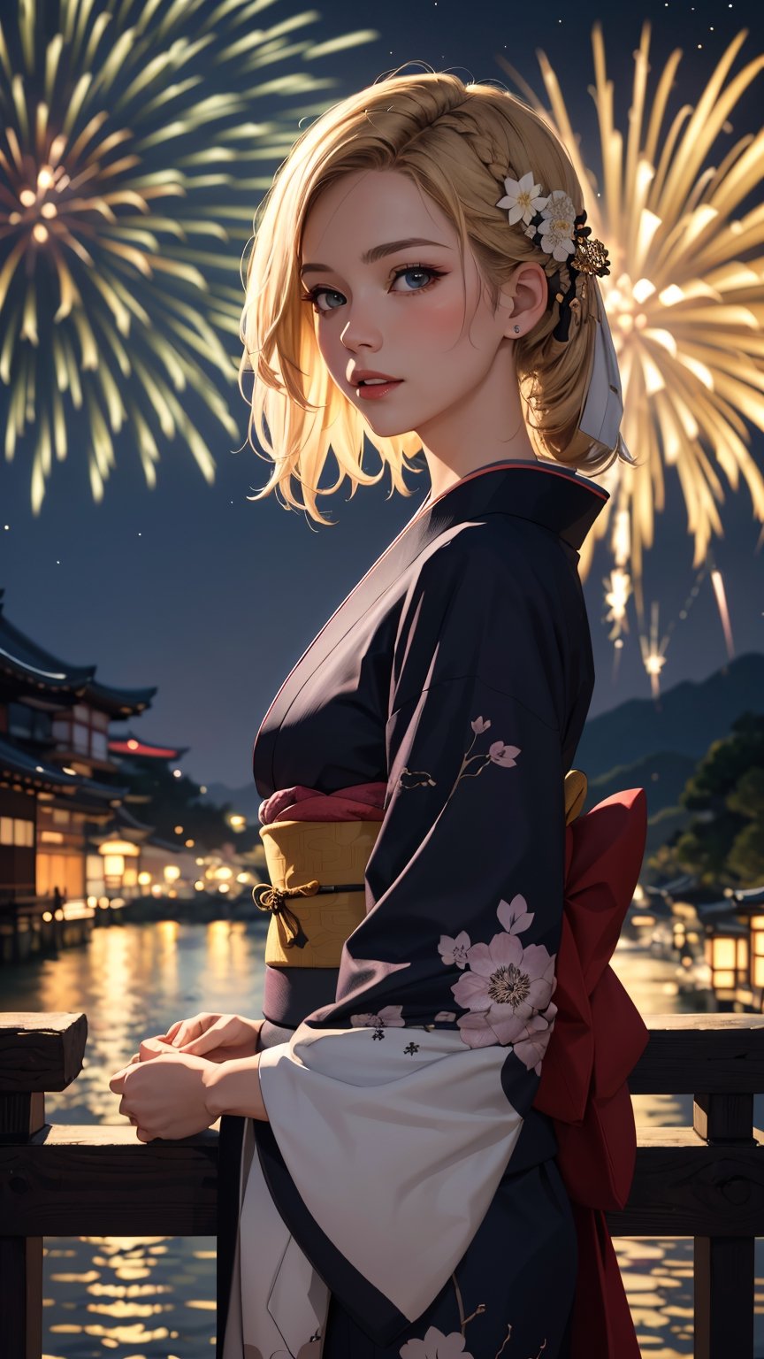 (best quality, masterpiece, colorful, dynamic angle, highest detailed) Realistic photo, fashion photography of a cute European girl with iridiscent blonde hair, flirting with POV, in traditional japanese gold&black kimono, ultra detailed kimono textures, perfect night, kyoto, fireworks, (intricate details, hyperdetailed:1.15), detailed, moonlight passing through hair, (official art, extreme detailed, highest detailed), HDR+
