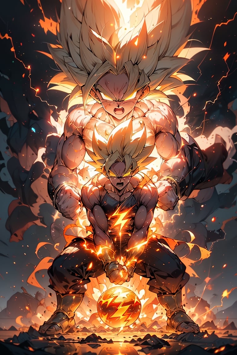 (Anime_Fantasy:1.5), (Vivid_Colors:1.4), (High_Detail:1.4), BREAK, (Full_body_Goku:1.5), SAIYA,super Saiyan,  (Super_Saiyan:1.6), (Golden_hair:1.4), (Aura_surrounding_body:1.3), (barefoot:1.3), (Eyes_brilliant_and_crackling_with_energy:1.5), (Intense_angry_expression:1.4), (Veins_on_forehead:1.3), r1ge (yellow theme:1.2)((Open_mouth_screaming:1.4), (Muscular_form:1.3), (Raging_scream:1.4), (Tensed_muscles:1.3), (Clenched_fists:1.3), (Dynamic_pose:1.3), (Battle_torn_clothing:1.2), (generate_(big_ huge_immense:1.5)_(Bright_crackling_glowing:1.5)_(spheric_energy_in_hands:1.5), (Charged_energy:1.4), (Lightning_arcing:1.4), BREAK, Futuristic_cityscape, Destruction_in_background, (Blazing_skies:1.3), (Electric_sparks:1.5), (Surrounding_lightning_strikes:1.4), BREAK, (Lighting_effects:1.5), (Reflective_surfaces:1.2), (Shadow_contrast:1.2), (Energy_emission:1.4), (Radiating_glow:1.3), (Intense_backlighting:1.2), (Glowing_rim_light:1.3), BREAK, Rule_of_thirds, BREAK, (Professional_3D_rendering:1.4), CG_unity, (HighDynamicRange:1.3), (HighResolution:1.4), (1440p_Wallpaper:1.5), lora:real_skin:1, lora:epi_noiseoffset2:1, lora:LowRA:0.25, lora:Supersaiyan:1.4,  style-swirlmagic,  lora:r1ge - AnimeRage:0.5
,r1ge