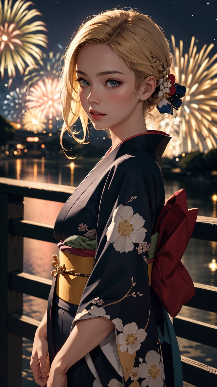 (best quality, masterpiece, colorful, dynamic angle, highest detailed) Realistic photo, fashion photography of a cute European girl with iridiscent blonde hair, flirting with POV, in traditional japanese gold&black kimono, ultra detailed kimono textures, perfect night, kyoto, fireworks, (intricate details, hyperdetailed:1.15), detailed, moonlight passing through hair, (official art, extreme detailed, highest detailed), HDR+
