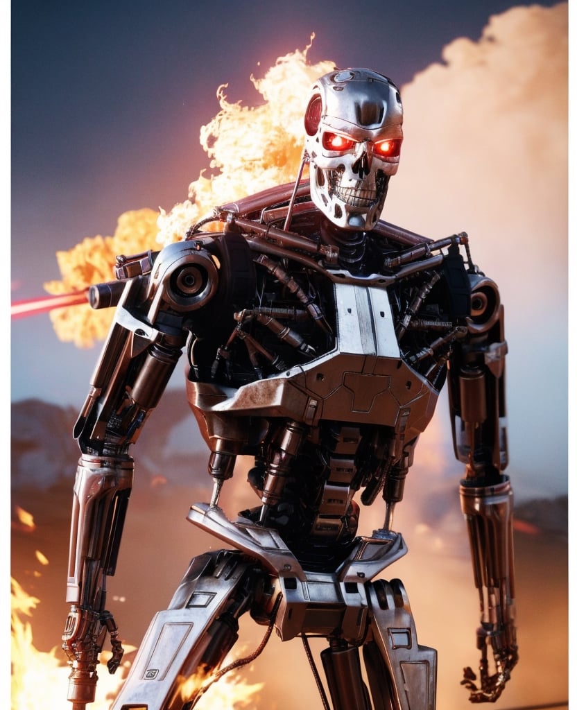 (lora:T800Endoskeleton-10:0.8), (RAW photo, real life, absurdres, high quality, photorealistic, detailed, realistic:1.3), (solo:1.3), ((dynamic pose)), a high resolution comic book art photo of a T800Endoskeleton robot with red eyes and metal skull face and chrome metal body and holding a futuristic gun shooting lasers, standing on a hill of skulls, dark sky and fire and flames and smoke and explosions and robots and post apocalypse war in the background, cinematic, atmospheric, 8k, realistic lighting, shot by Hassleblad H6D, Zeiss, Kodachrome, nikon, 50mm 1.2 lens, Octane Render, ultra realistic, realistic lighting, photorealistic, photorealism, photoreal, unreal engine 5, Adobe After FX, highly detailed, intricate detail