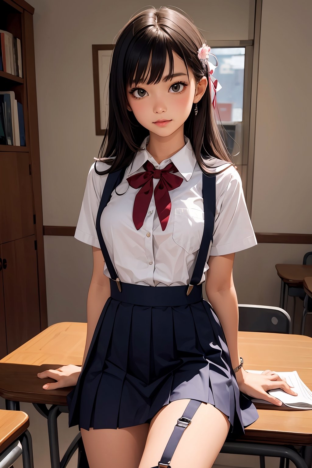    eva school unifrom, 1girl, solo, tokyo-3 middle school uniform,  shirt, short sleeves, suspender skirt, neck ribbon,, ultra detailed, masterpiece, best quality,
