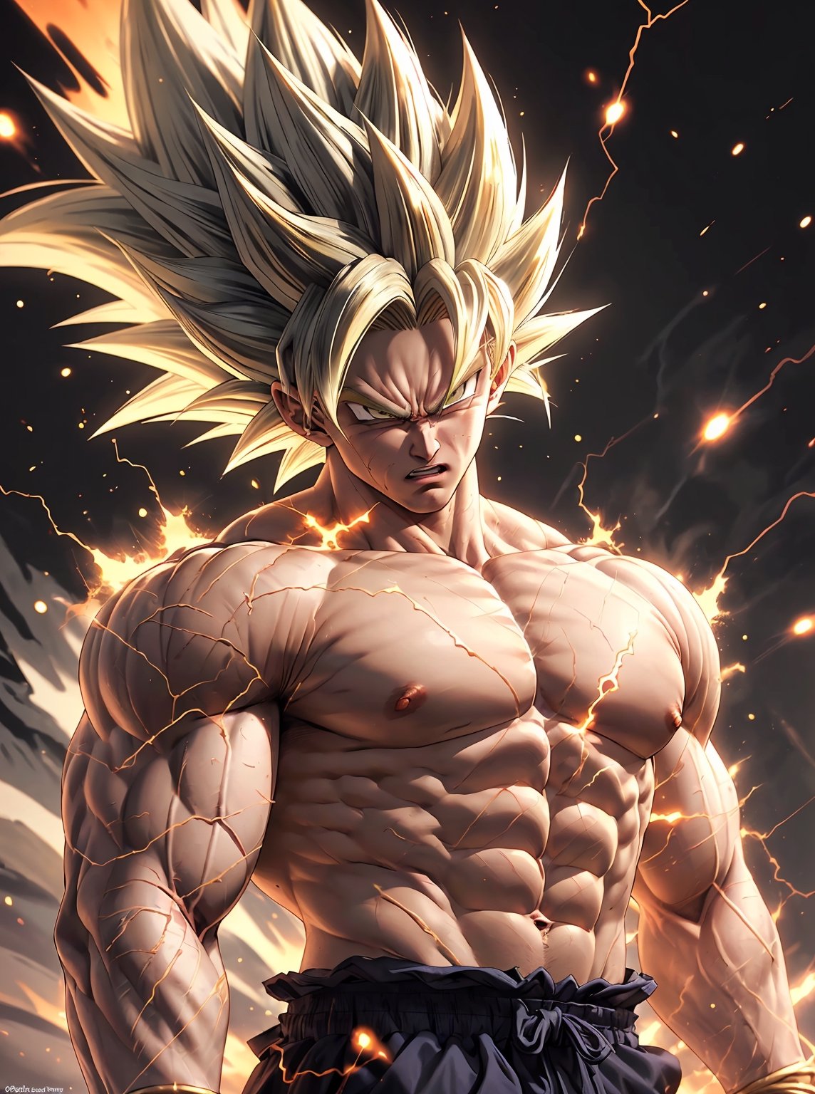 1boy, (male focus:1.1), (detailed muscular fit perfect body:1.2), (detailed beautiful angry songoku face), (detailed perfect hands), (detailed energy white piercing eyes), (detailed highlight golden spiked hair), SAIYA, super Saiyan, Aura of yellow energy crackling with electricity , detailed devastation background, lora:supersaiyan:0.6
,SAIYA