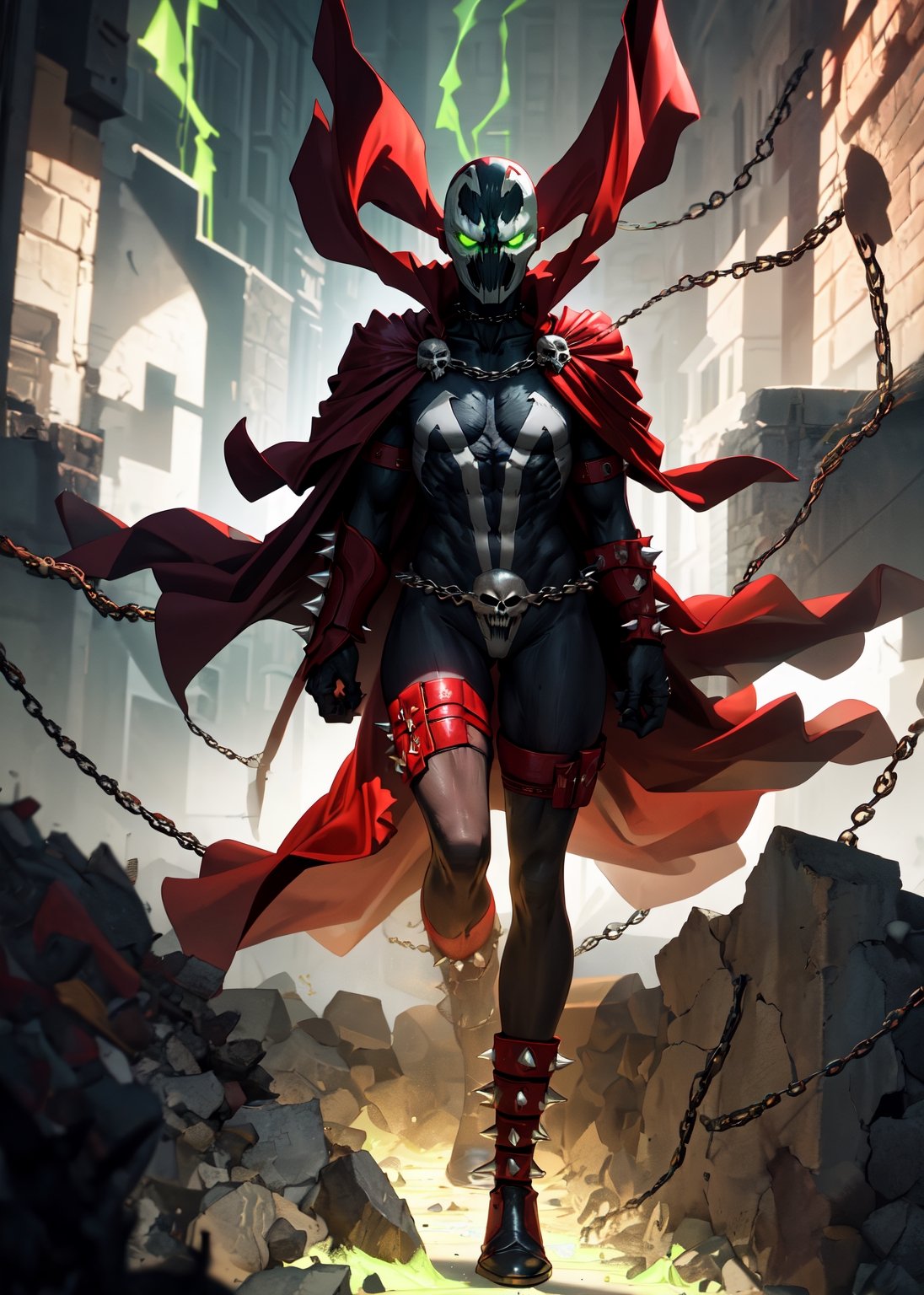 pixar style, closeup, focus on eyes, spawn2023, long red collar, red cowl, red cape, chains, skulls, glowing green eyes, textured suit, red gauntlets, spikes, dramatic lighting, 8k, muscular, uhd, best quality, award winning photo, rtx on, unreal engine 5, absurdres, long cape, large red boot, large gauntlet, flowing cape, asymmetrical red Armor,  mask, night, dramatic lighting, epic red cape, wide shoulders, spike shoulders, silver chain, cgi
