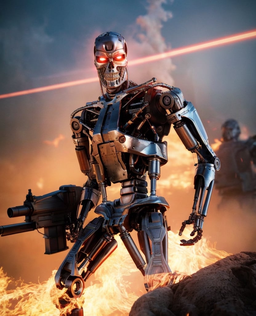 (lora:T800Endoskeleton-10:0.8), (RAW photo, real life, absurdres, high quality, photorealistic, detailed, realistic:1.3), (solo:1.3), ((dynamic pose)), a high resolution comic book art photo of a T800Endoskeleton robot with red eyes and metal skull face and chrome metal body and holding a futuristic gun shooting lasers, standing on a hill of skulls, dark sky and fire and flames and smoke and explosions and robots and post apocalypse war in the background, cinematic, atmospheric, 8k, realistic lighting, shot by Hassleblad H6D, Zeiss, Kodachrome, nikon, 50mm 1.2 lens, Octane Render, ultra realistic, realistic lighting, photorealistic, photorealism, photoreal, unreal engine 5, Adobe After FX, highly detailed, intricate detail