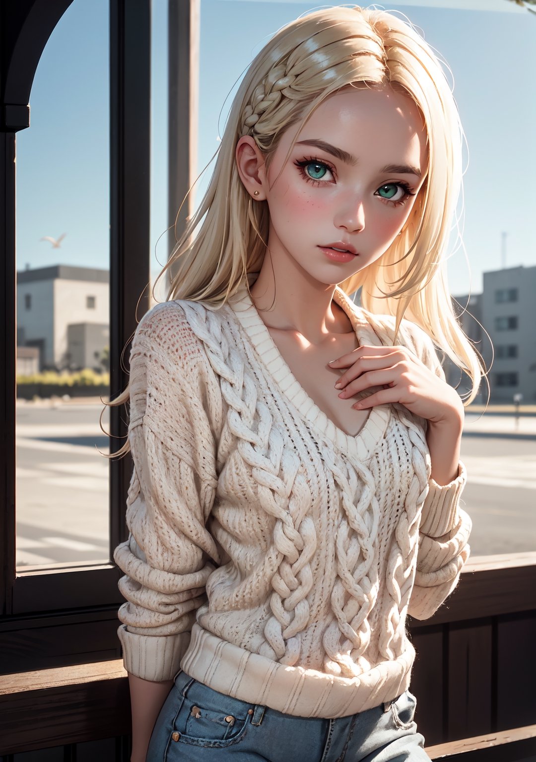 senior,cute,slender,european, emerald eyes,pale cheeks,square face shape with angular jaw,natural "no-makeup" makeup,(light blonde hair),
wearing Chunky cable-knit Aran sweater with wide-leg corduroy pants and platform sneakers,
bird's-eye view,
small breasts,
,
blurred desaturated bokeh background,
dark theme,
soothing tones,
muted colors,
high contrast,
(pale skin texture, hyperrealism, soft light, sharp),
artistic photoshoot,
milkmaid braid hair,
(ultra realistic,32k, masterpiece),(high detailed skin),( high quality),nsfw,
