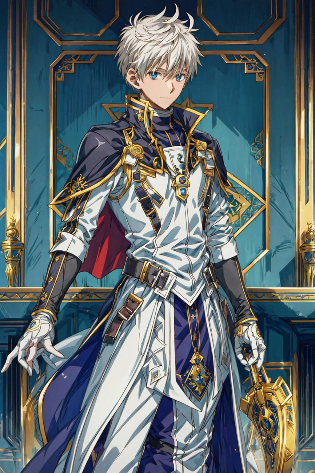 1boy, male focus, mature, male focus, 18 years old, solo,white hair,aqua eyes,bang, clear facial features,depth of field,tight clothes, gentle, soft,cape, military cape,closed mouth,ahoge, arm sleeves, black sleeves shirt, gloves,detached sleeves,gold trim, black suit, jacket,swept bangs,black gloves, best quality, anime, better quality, normal hands, normal fingers, better fingers, normal arms, two arms,jewelry, palace background,detail fingers, facing viewer, emotionless,1male,white_hair